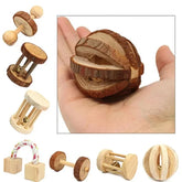 Natural Wooden Rabbit Roller Toys – Dumbbells, Bells & Chew Set