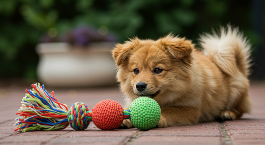brown puppy playing with a tug and pull toy