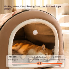Close-up of velvet interior and arch design of washable dog house bed
