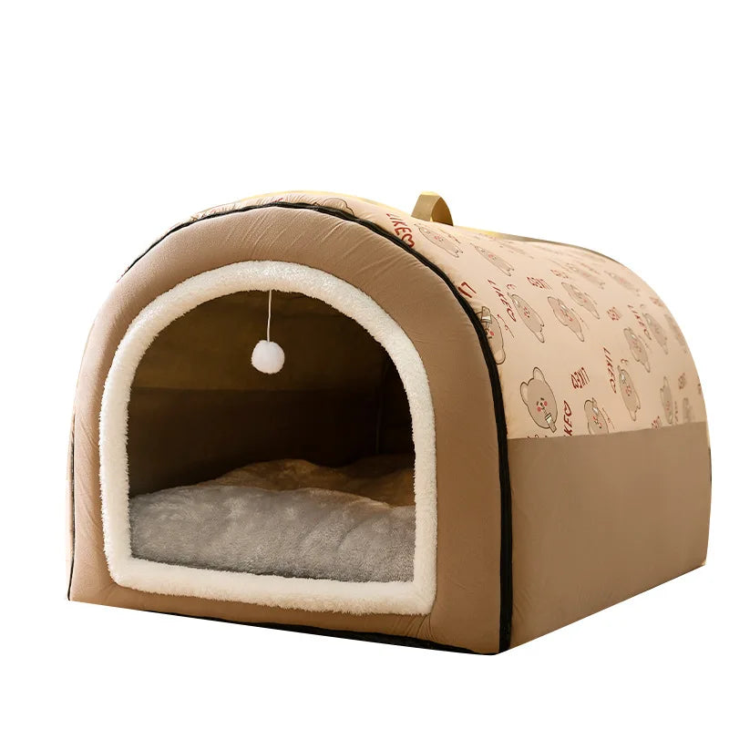 Side view of removable and washable dog nest bed in brown with animal print roof