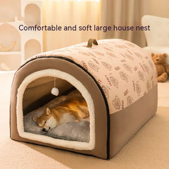 Dog sleeping inside cozy winter dog nest bed with soft plush lining