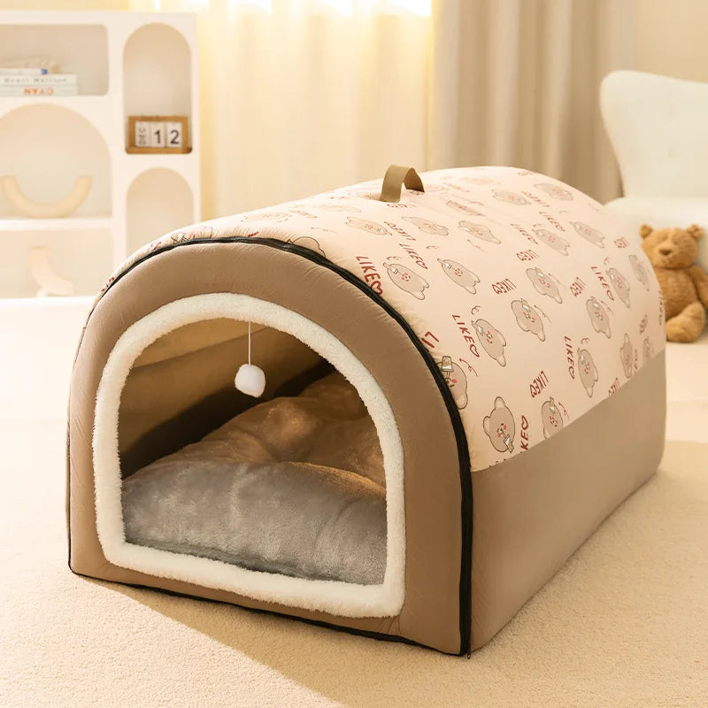 Side view of removable and washable dog nest bed in brown with animal print roof